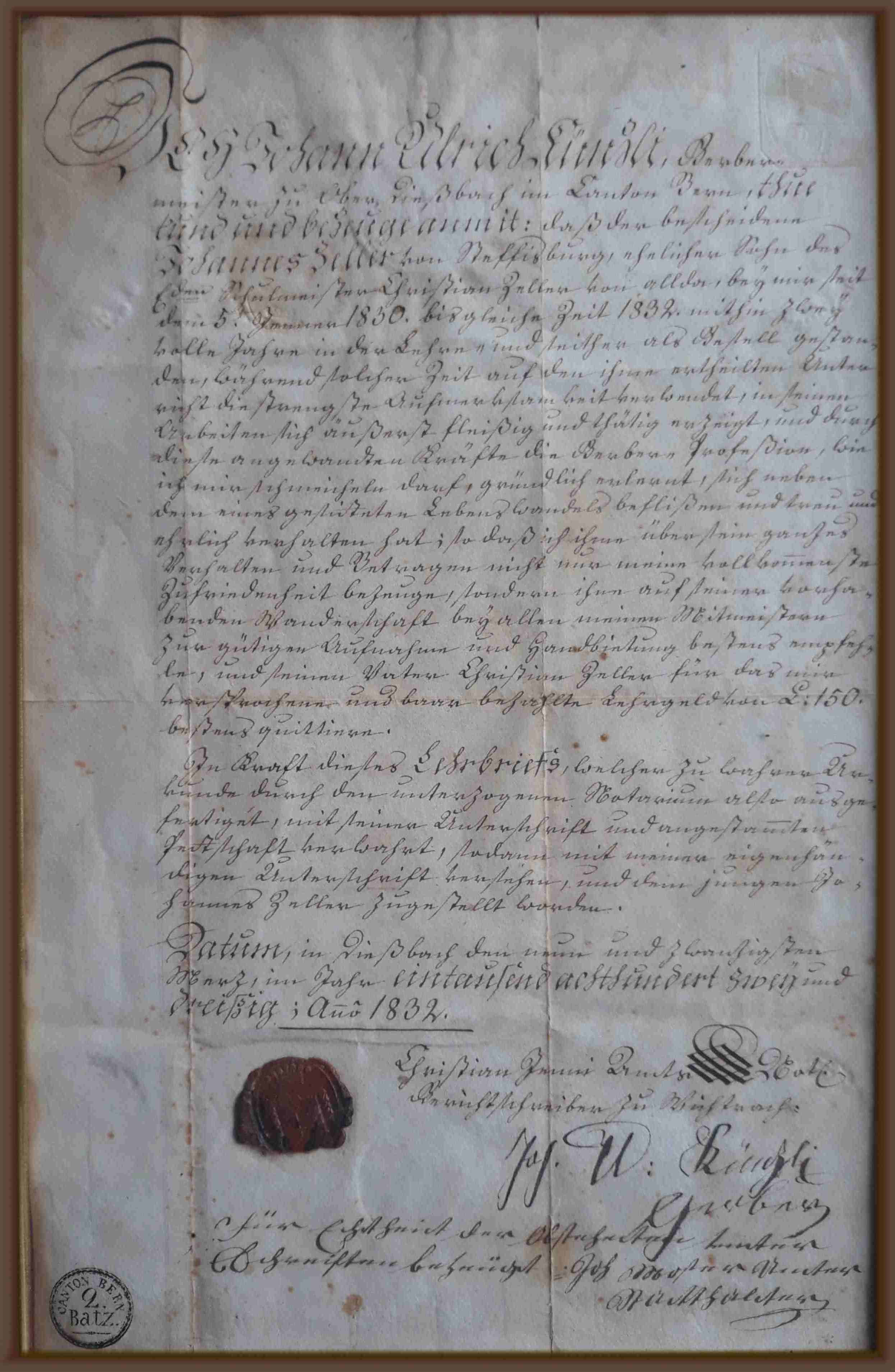 Lehrbrief für Johannes Zeller aus dem Jahr 1832